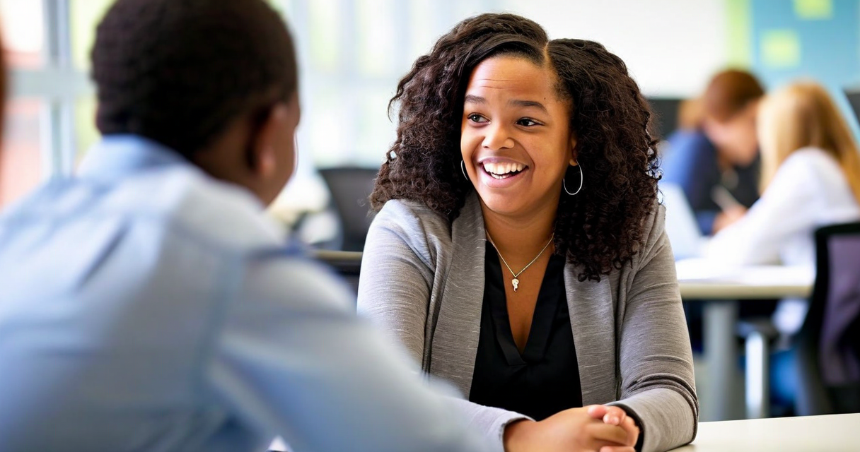 School counselor having a constructive conversation with a student in a bright office, both engaged and relaxed