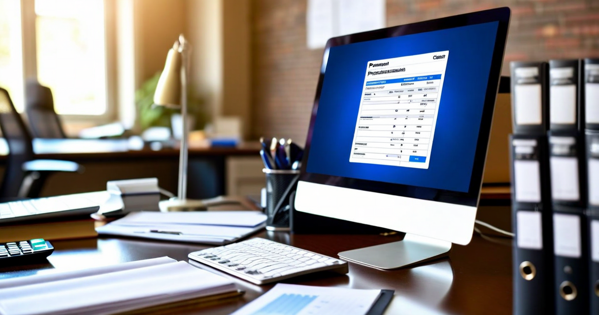 School finance office desk with computer showing payment confirmation screen and organized invoice folders