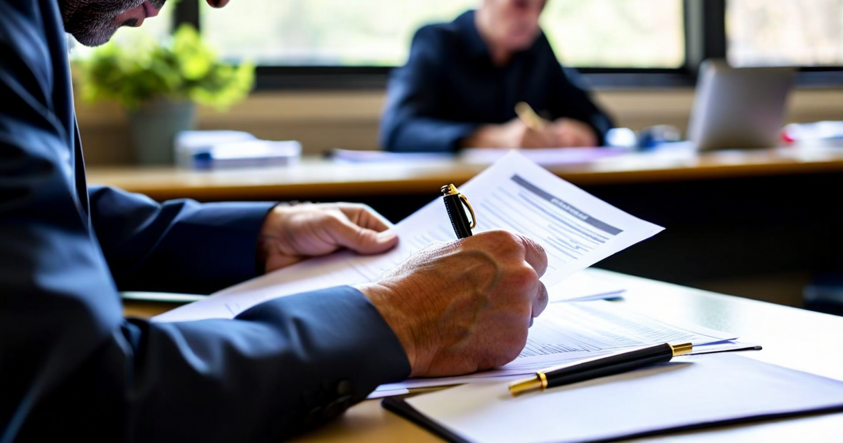 School administrator reviewing compliance documents and privacy policy forms at a tidy desk