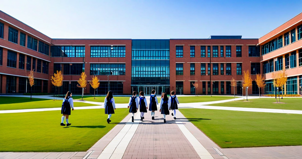 Modern international school campus exterior with students in uniforms walking on grounds