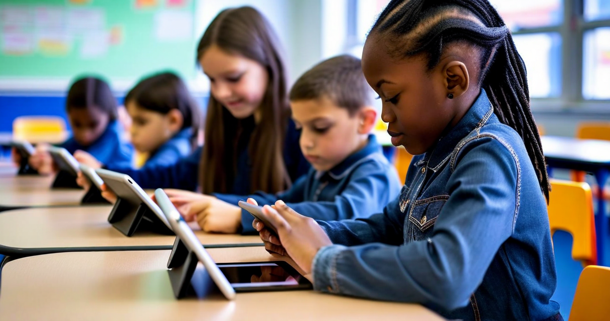 Students using tablets in a modern classroom in Central Eastern Europe, teacher guiding them