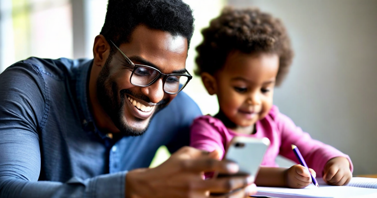 Parent smiling while looking at school app on phone, child visible in background doing homework