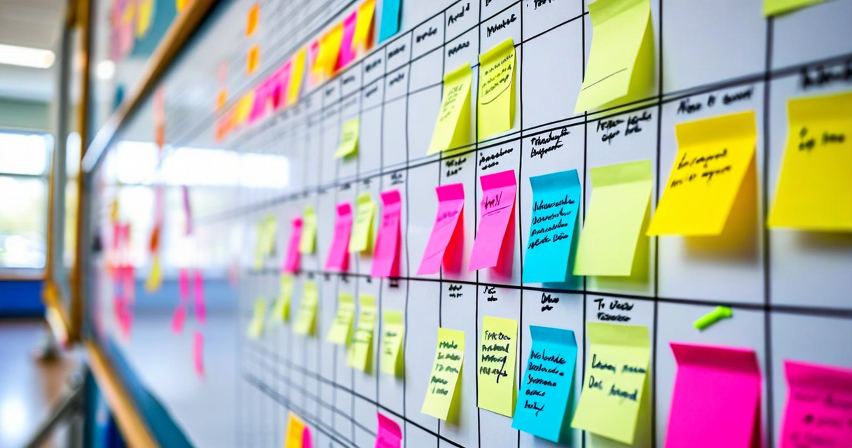 Complex school timetable grid on a large whiteboard with colored markers and sticky notes