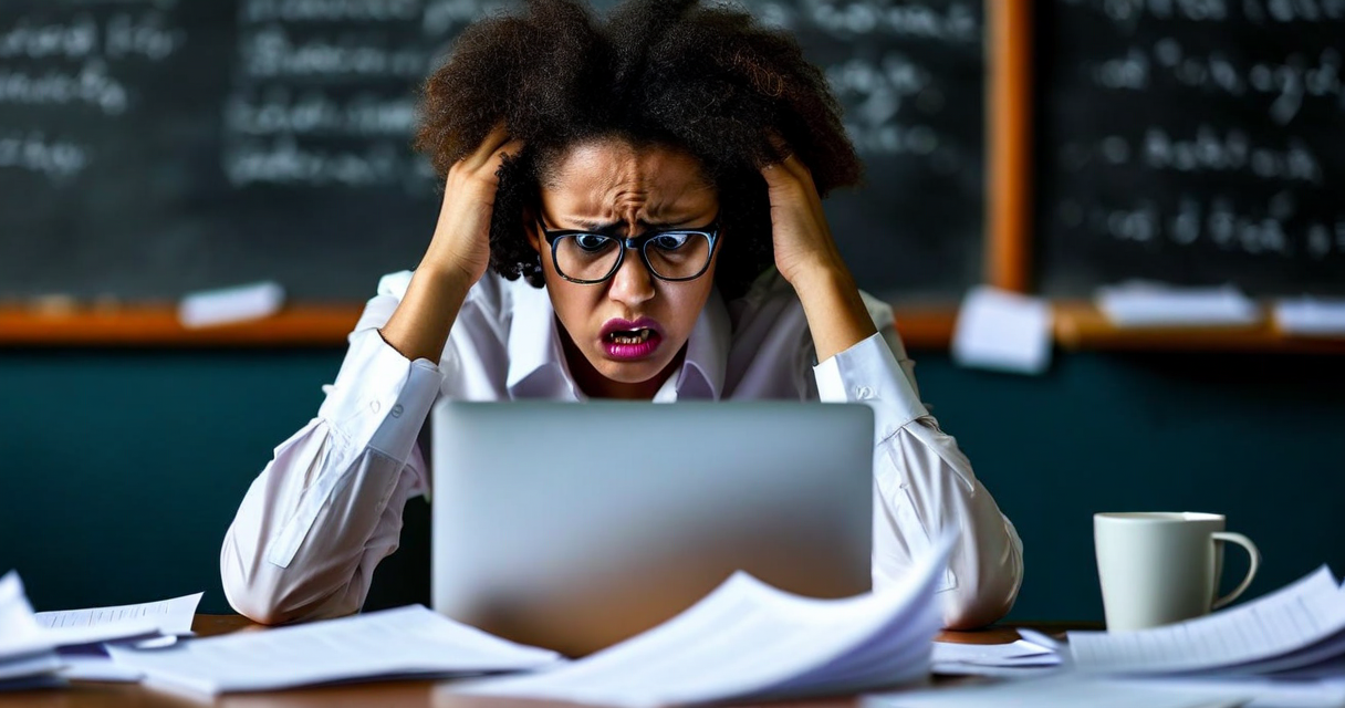 Frustrated teacher at a laptop in a classroom after hours, surrounded by paper grade sheets