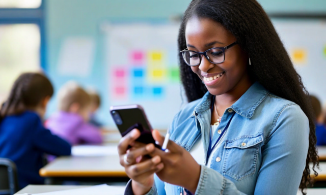 Teacher marking attendance on a smartphone in a classroom