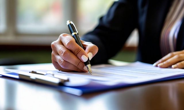 School administrator reviewing compliance documents at desk