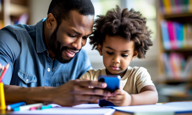 Parent looking at school app on phone with child nearby