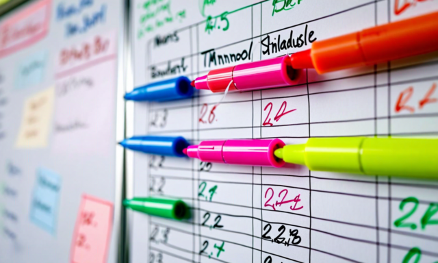Complex school timetable on a whiteboard with colored markers
